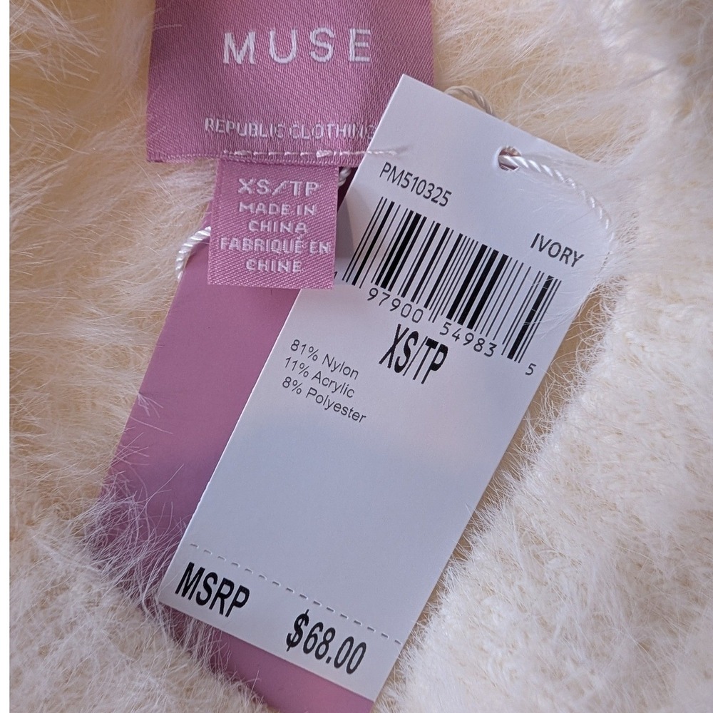 Muse Short Sleeve Fuzzy Crystal Embellished Sweater XS Ivory‎ Coquette 90s Glam - Picture 8 of 14
